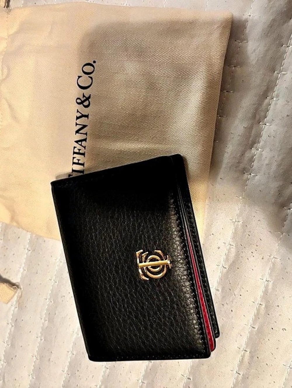 Tiffany & Co. Tiffany T Compact Trifold Wallet. Black & Pink